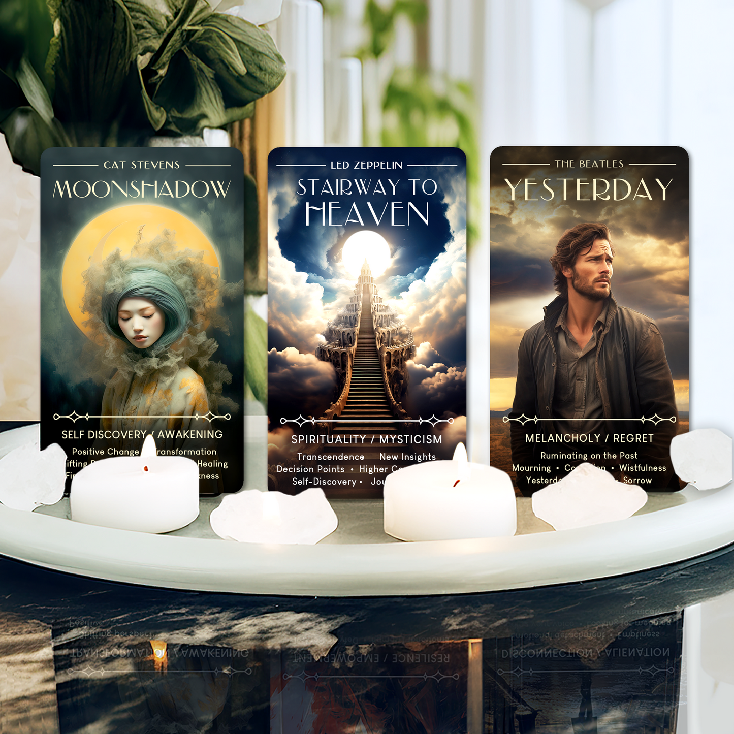 Moonshadow, Stairway to Heaven ,and Yesterday cards from the Rock Music oracle deck for music lovercreated by Night Willow Oracle