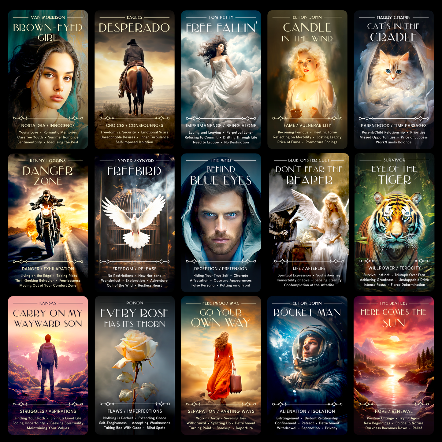 A collage of multiple cards from the Rock Music oracle deck for music lovers created by Night Willow Oracle
