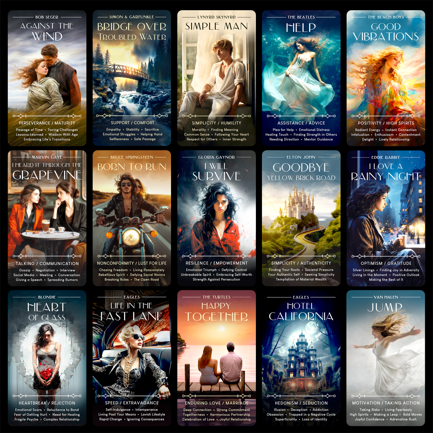 A collage of multiple cards from the Rock Music oracle deck for music lovers created by Night Willow Oracle