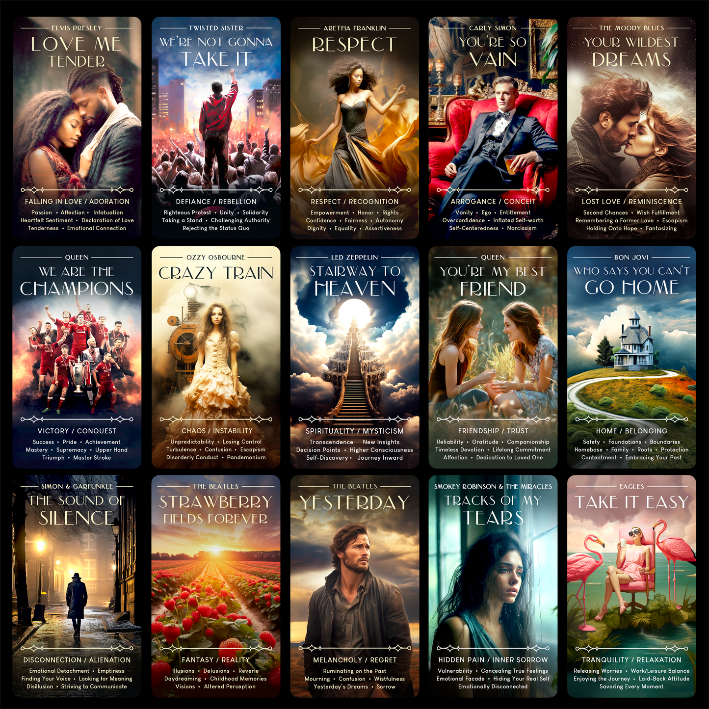 A collage of multiple cards from the Rock Music oracle deck for music lovers created by Night Willow Oracle