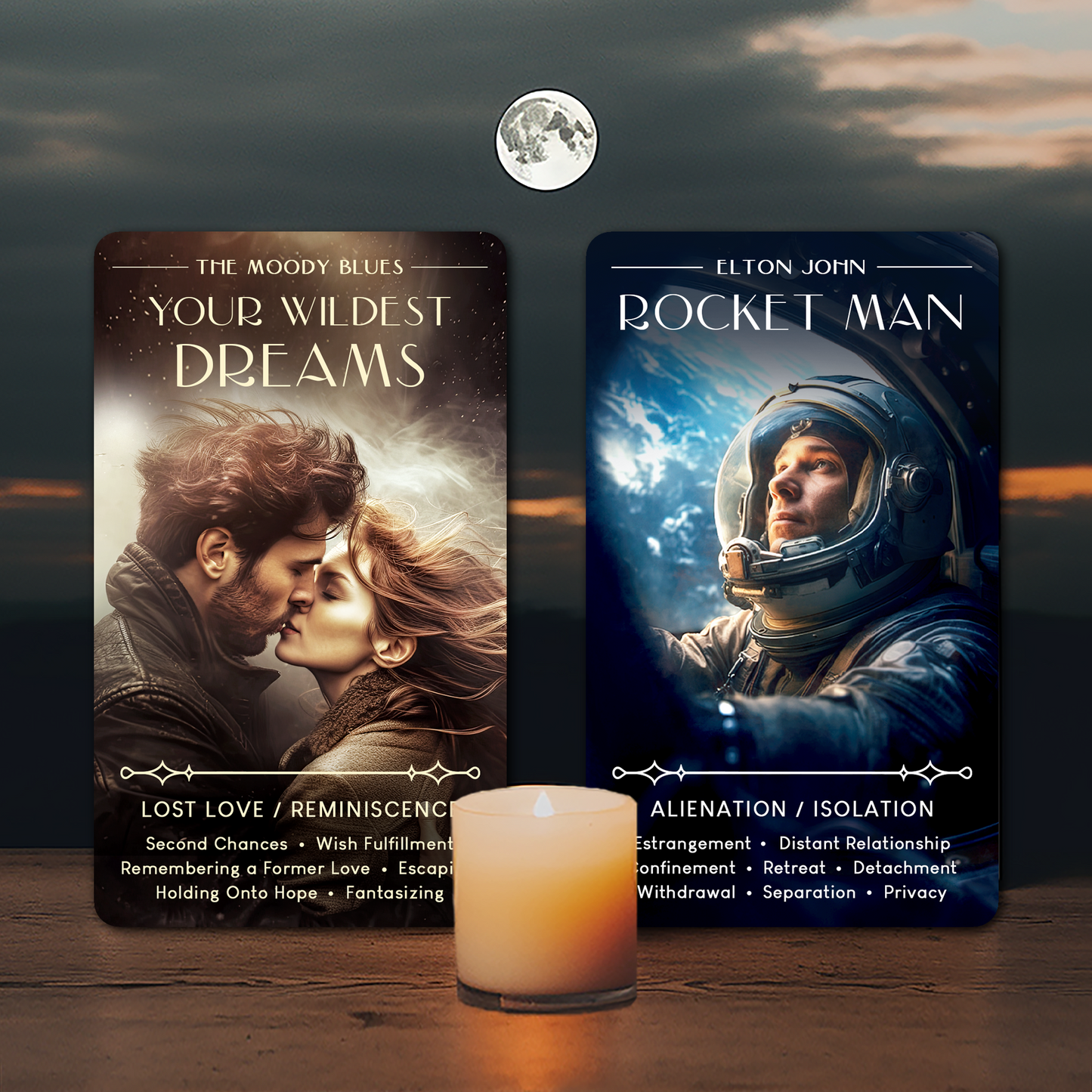 Your Wildest Dreams and Rocket Man cards from the Rock Music oracle deck for music lovers created by Night Willow Oracle