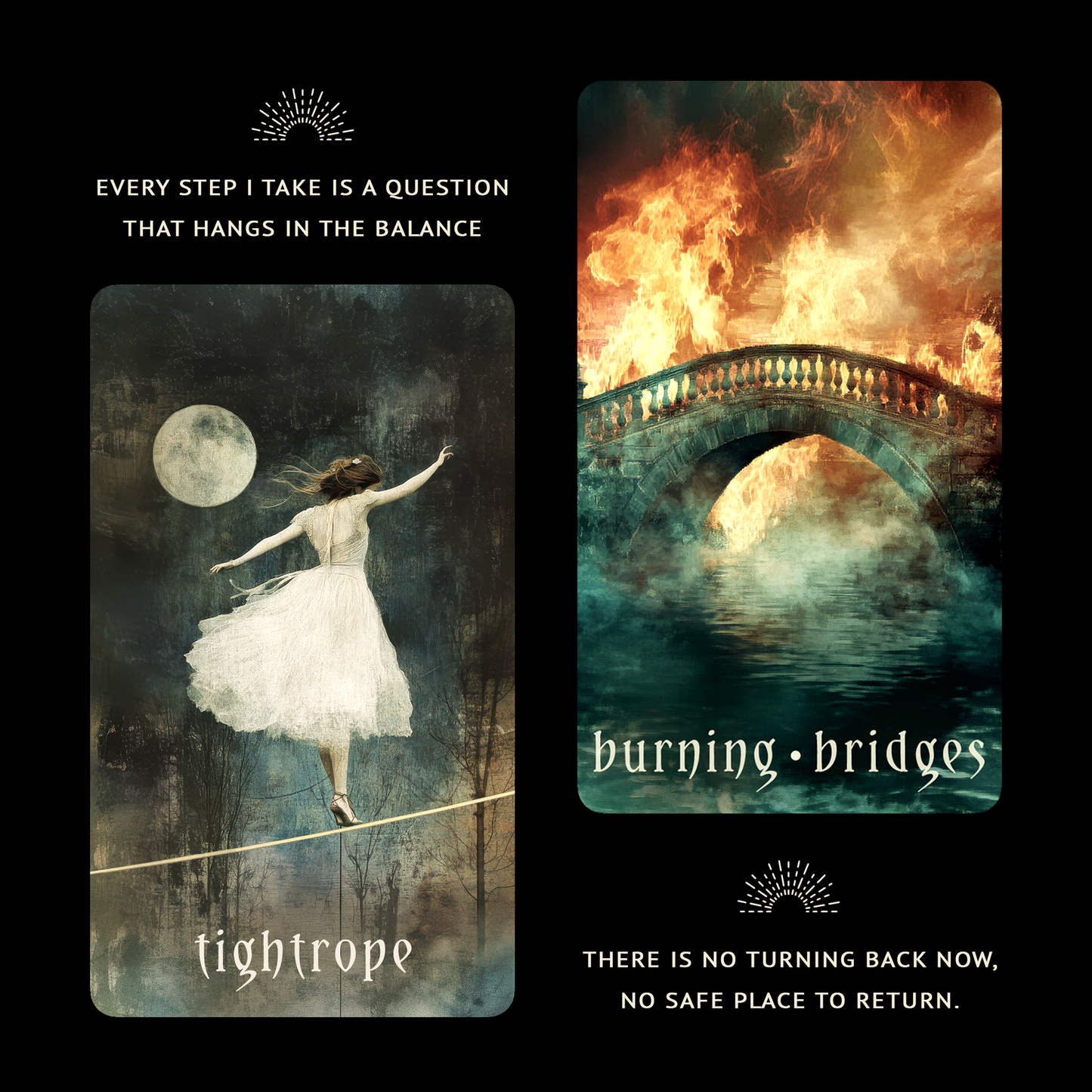 The Tightrope and Burning Bridges cards from the Otherworld Oracle Deck created by Night Willow Oracle as a unique and unusual oracle deck