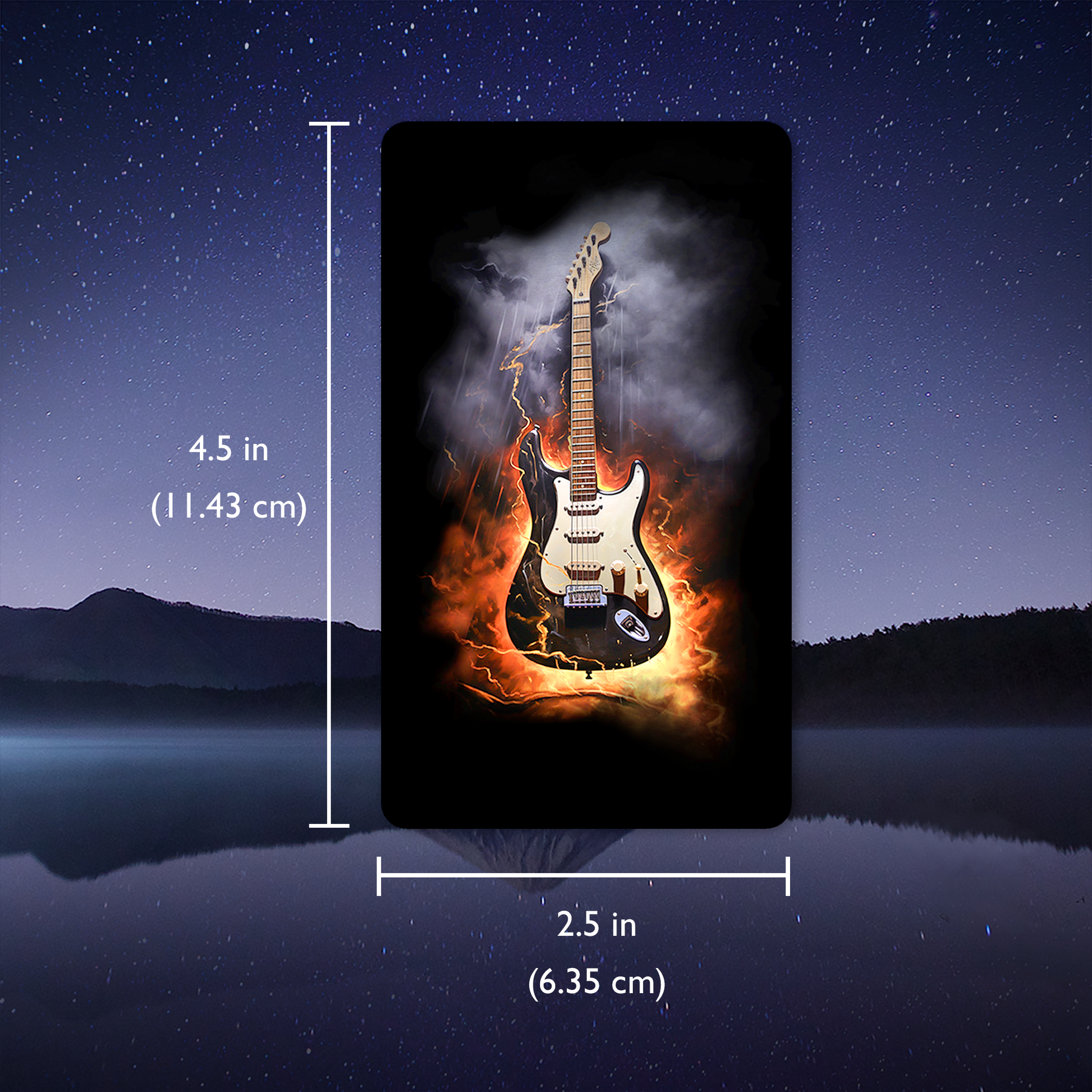An image showing the size of a single card from the Rock Music oracle deck with the back of the card featuring an electric guitar ,created by Night Willow Oracle